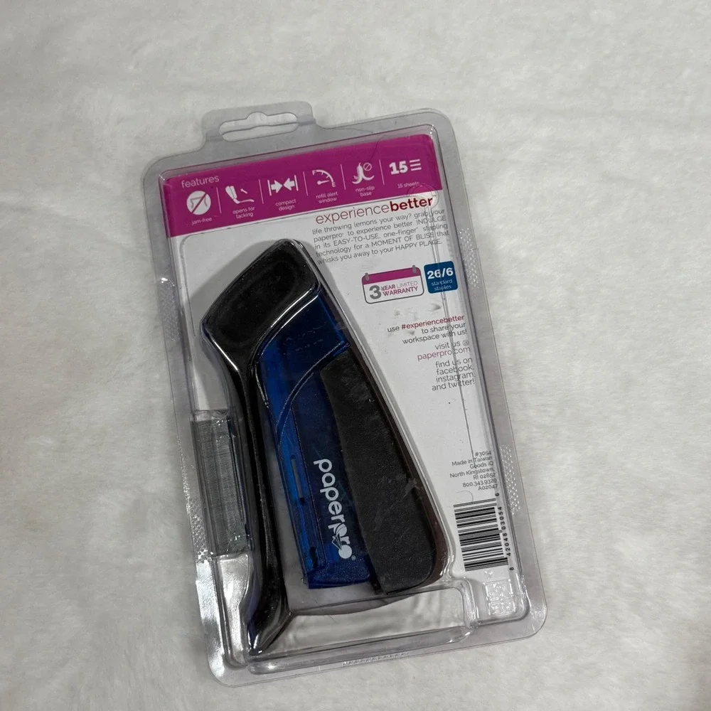 PaperPro Compact Stapler Blue Black One Finger 15 Sheet Capacity Jam Free 3054